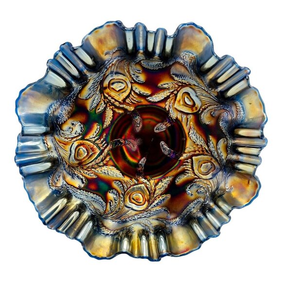 Antique Fenton Carnival Glass Heart & Vine Bowl Iridescent Ribbon Peacock Blue - Picture 1 of 10